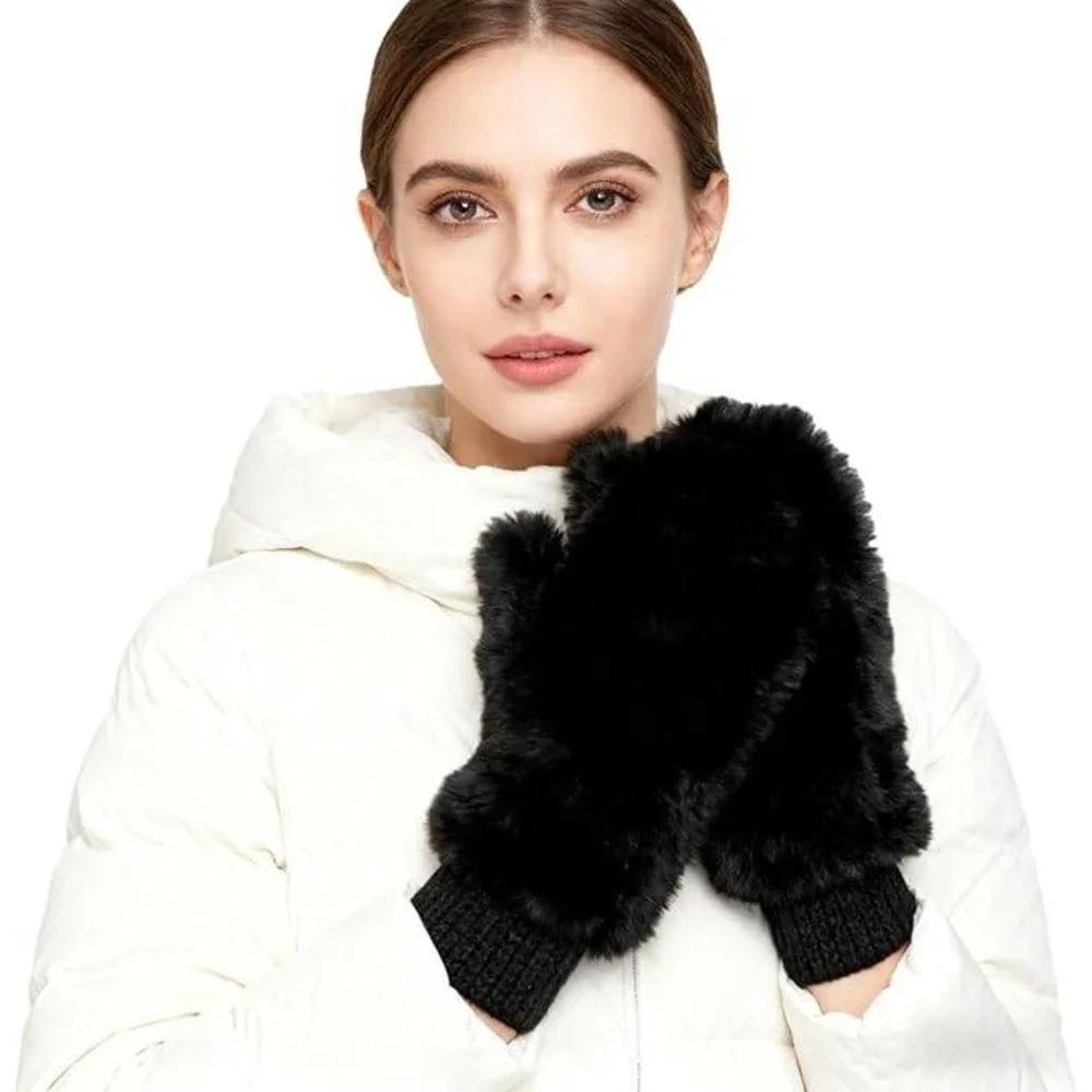 Yawolfe Women's Winter Faux Fur Flip Cover Mittens Warm Half Finger Gloves Con